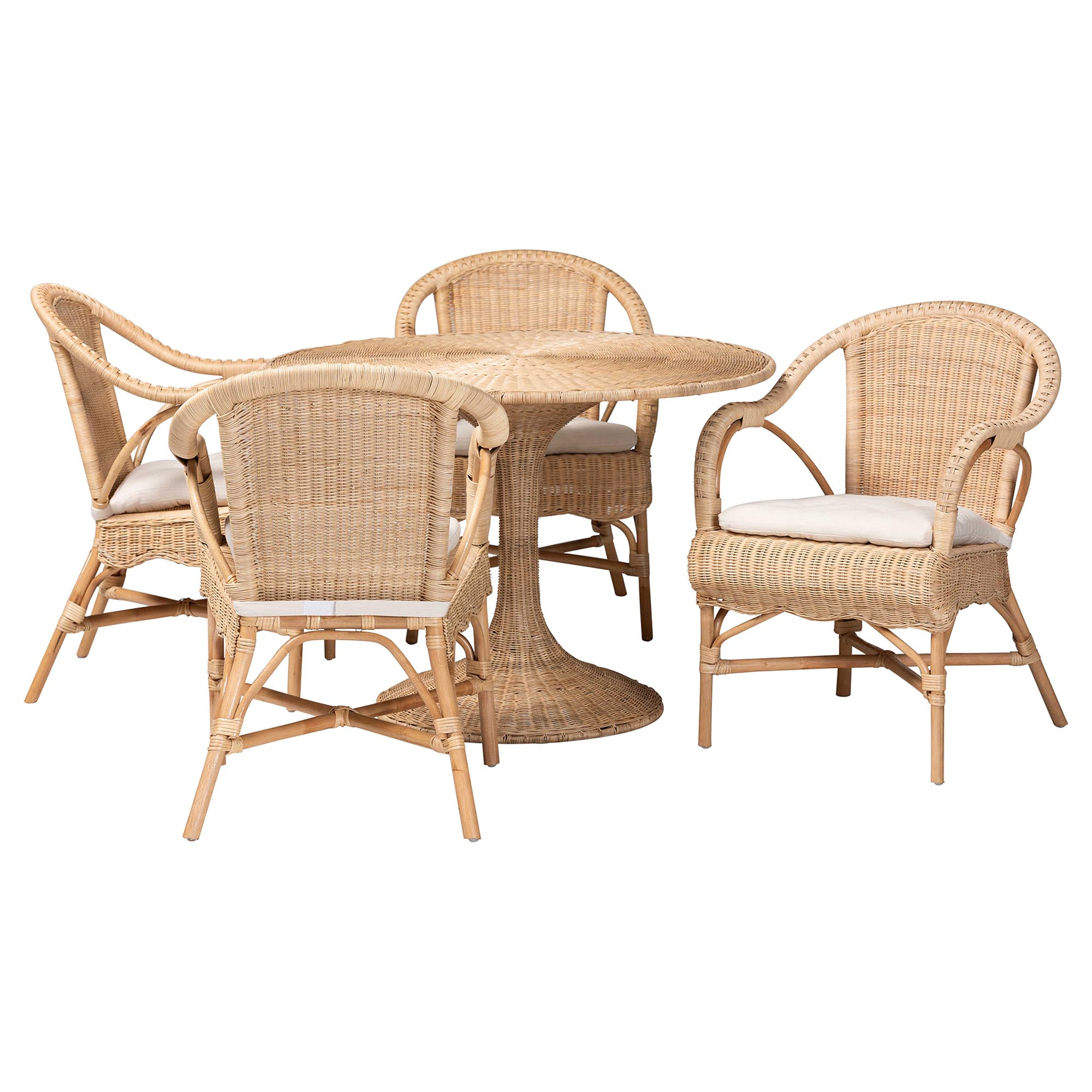 bali & pari Liam 5-Piece Natural Rattan Dining Set - Handwoven Wicker Dining Furniture with Cushioned Seats, Boho Coastal Kitchen or Dining Room Set